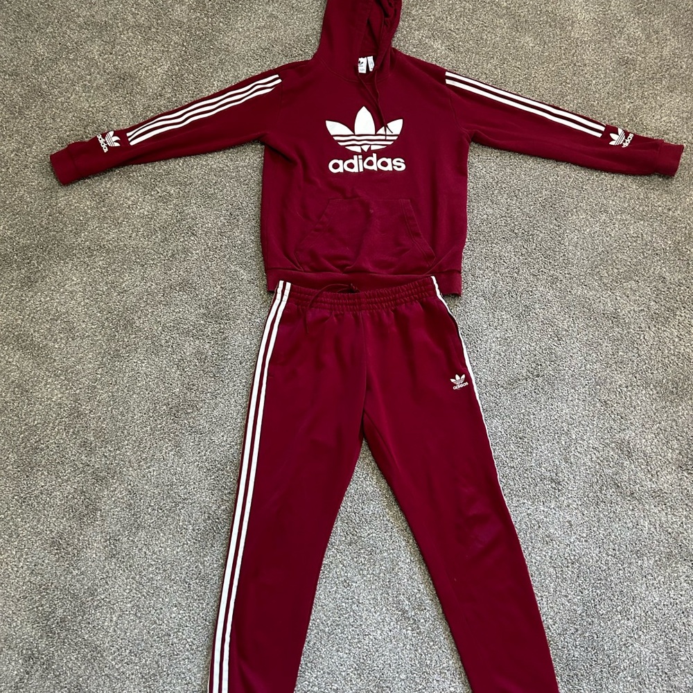 Adidas Maroon Hoodie and Joggers Set with White Accents